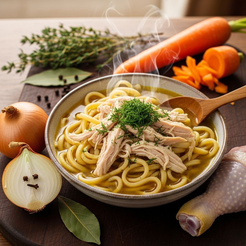 Savor the warmth of shredded chicken paired with tender noodles and vibrant veggies.