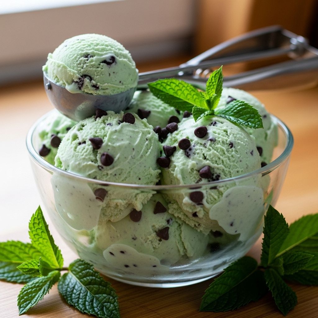A custard base brings herbal freshness and rustic chocolate chunks to every scoop.