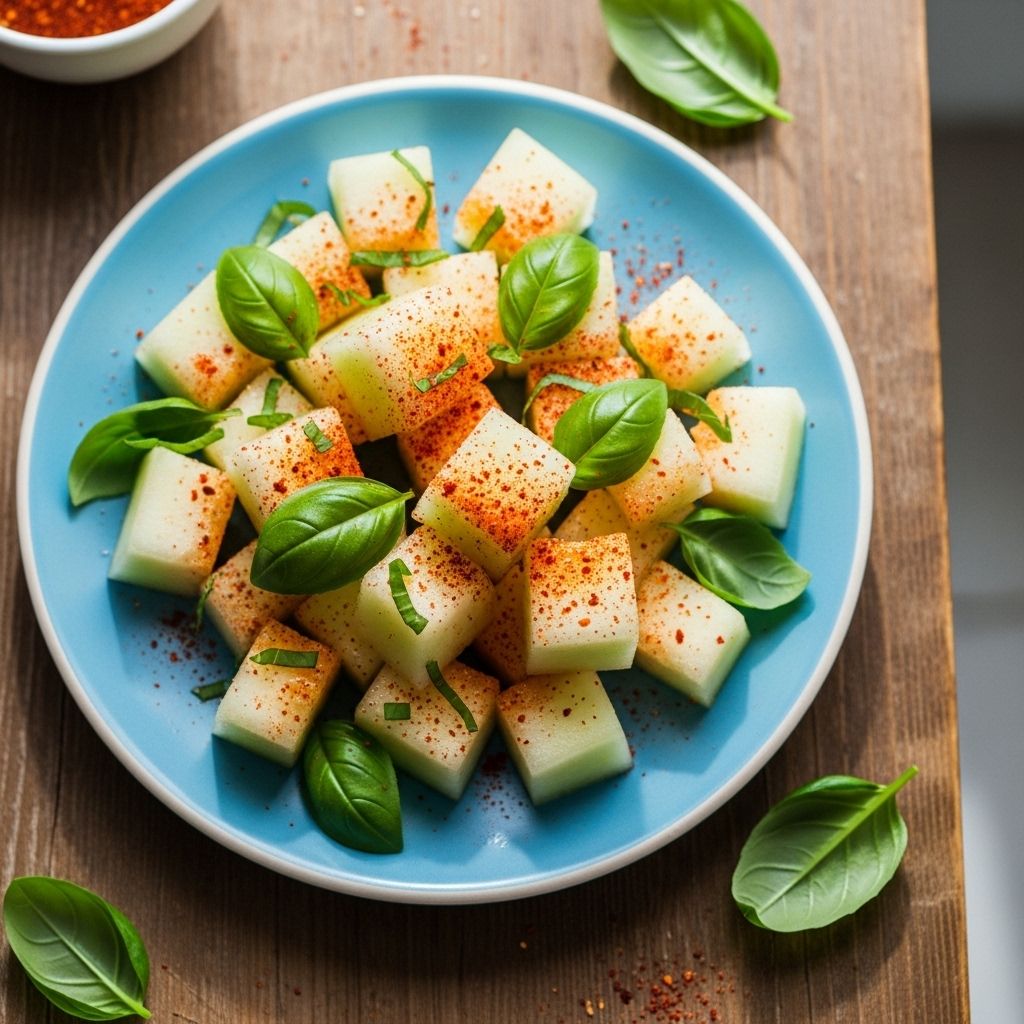 A vibrant, healthy, and hydrating honeydew salad elevated with zesty Tajín and fragrant basil—a perfect summer treat that’s as quick to make as it is delightful.
