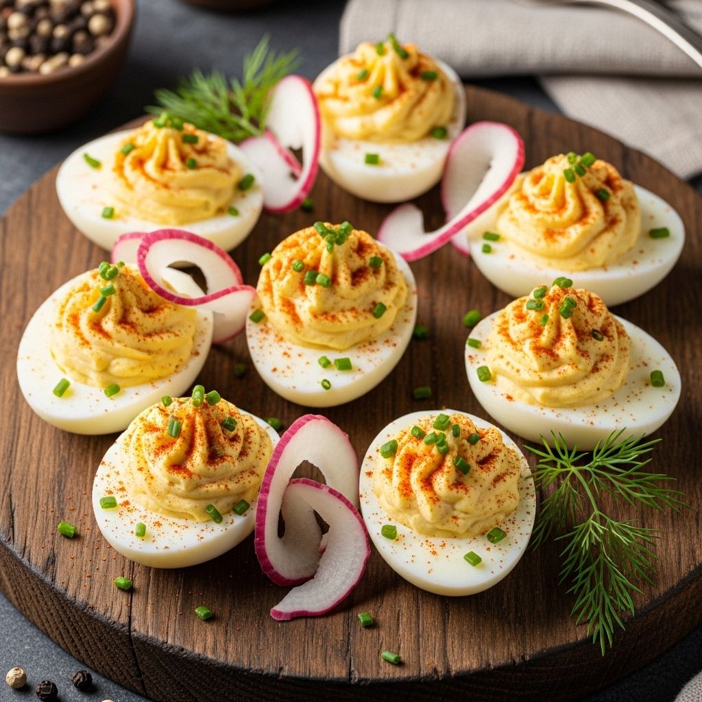 A zesty twist that blends creamy yolks, peppery heat, and an unexpected chip crunch.