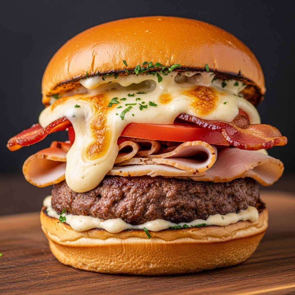 Hot Brown Burgers: A Decadent Twist on a Kentucky Classic Melted cheese sauce, smoky bacon, and ripe tomato come together for a crave-worthy meal.