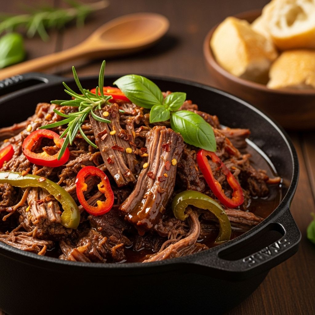 Hot & Spicy Italian Drip Beef: The Ultimate Comfort Sandwich Tender shredded roast layered on toasted buns for a universally loved, juicy delight.
