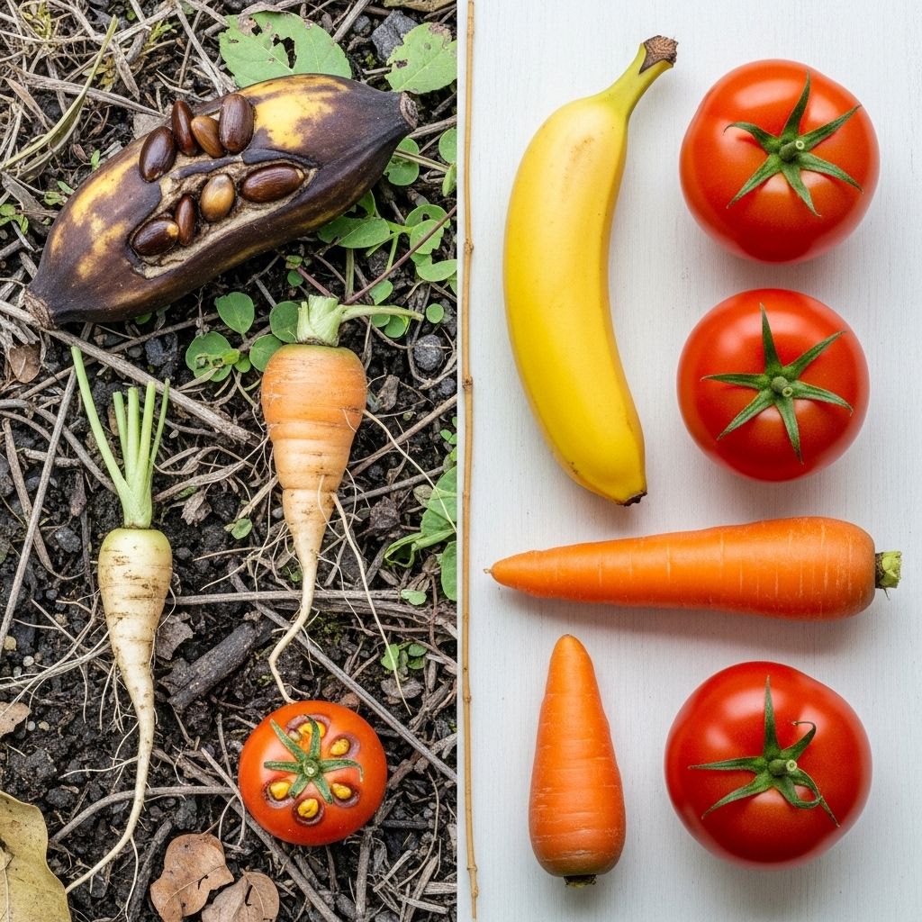 Explore the surprising transformations of familiar fruits and vegetables from their wild ancestors to the produce we find in markets today.