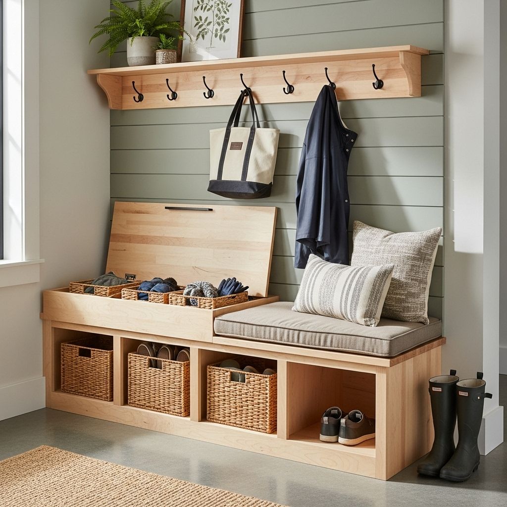 A practical building plan that combines seating, storage, and style for every home entry.