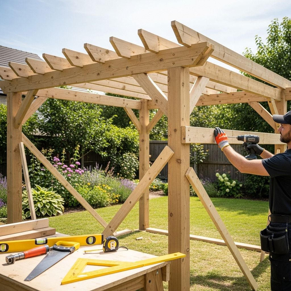 Craft an inviting outdoor haven that combines partial shade, plant support, and architectural flair.