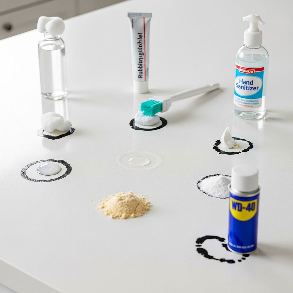 Household staples tackle inky mishaps, wiping away stubborn marks from walls to wood.