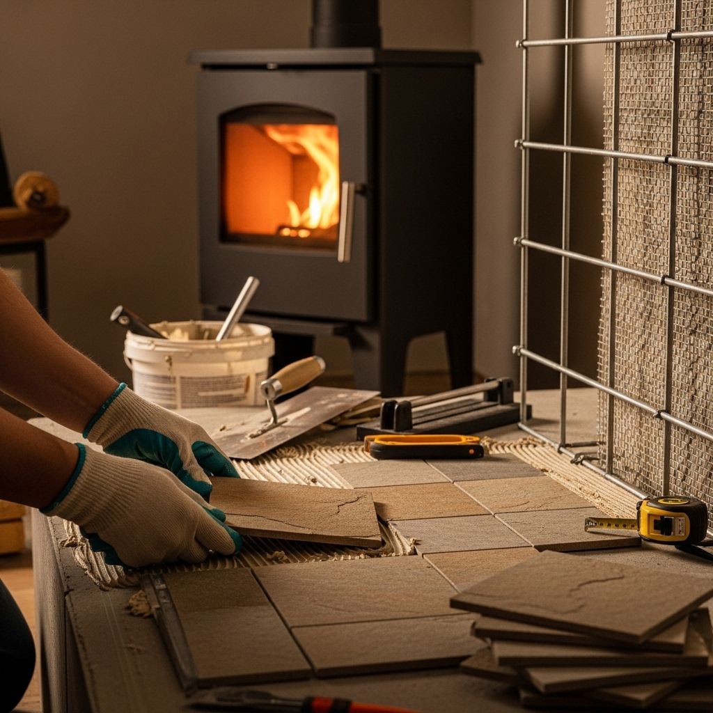 A tiled barrier that cuts clearances and creates a stylish, heat-resistant focal point.
