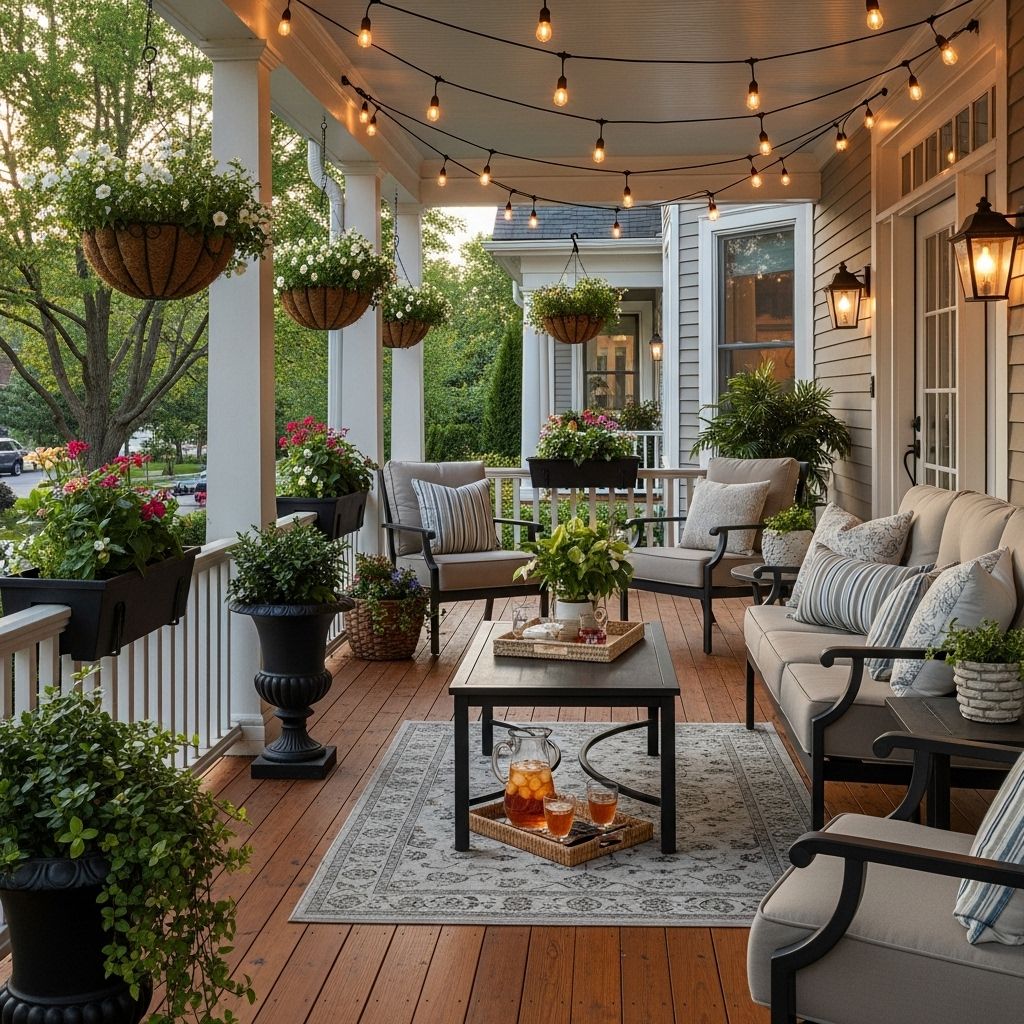Seasonal accents and weatherproof seating transform your entry into a cozy retreat.