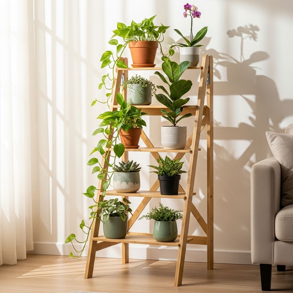 A sleek bamboo stand that effortlessly transforms unused walls into lush plant showcases.