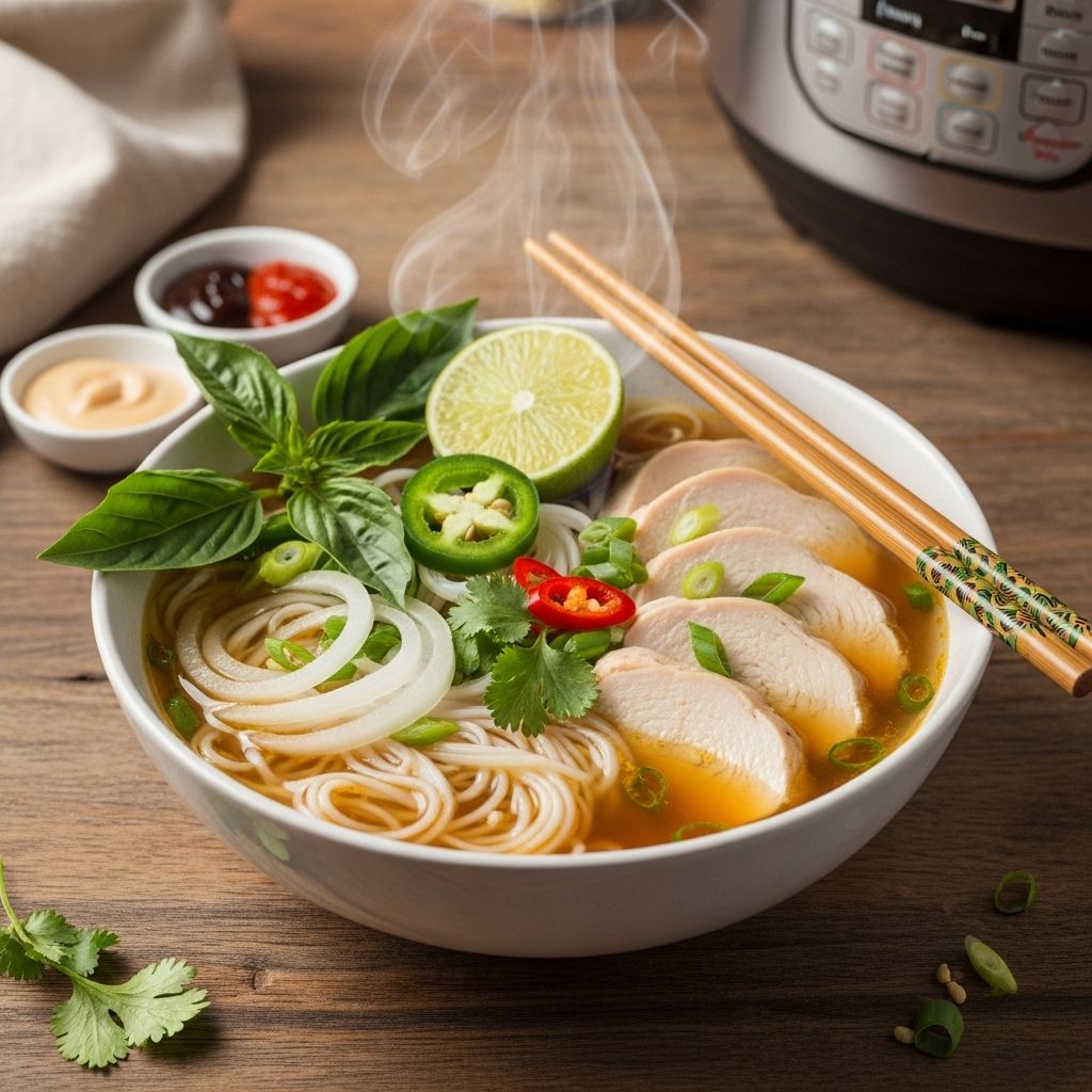 Experience Vietnamese chicken pho at home—rich aromatic broth, tender chicken, and vibrant toppings, all made fast in your Instant Pot.