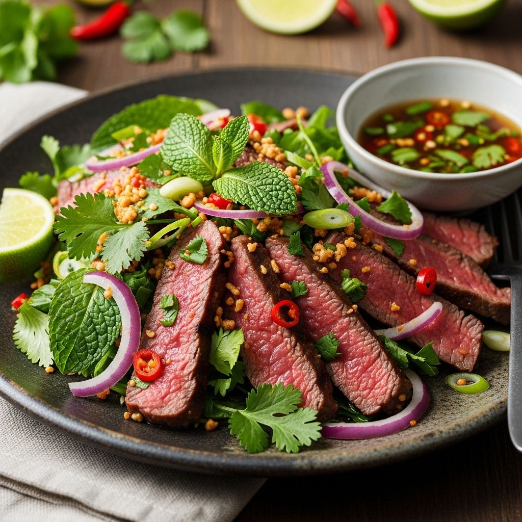 A vibrant medley of fresh herbs and tender steak elevates any meal with Thai zest.