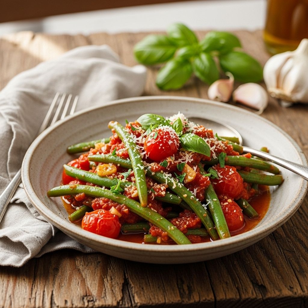 A simple method yields meltingly soft pods cloaked in rich, garlicky tomato sauce.