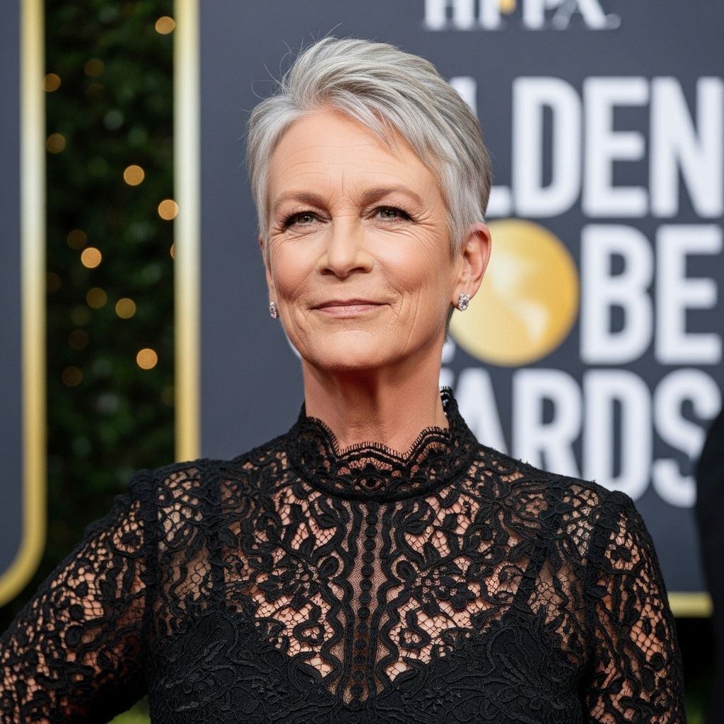 Jamie Lee Curtis made an unforgettable entrance at the 2023 Golden Globes, turning heads in a dramatic black lace ensemble and capturing the spotlight.