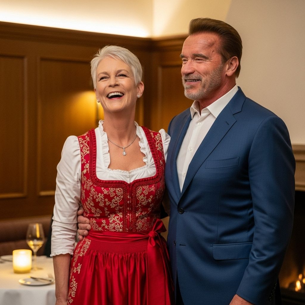 Jamie Lee Curtis wows in a traditional red dirndl dress alongside Arnold Schwarzenegger, delighting fans and celebrating friendship at a charity event.