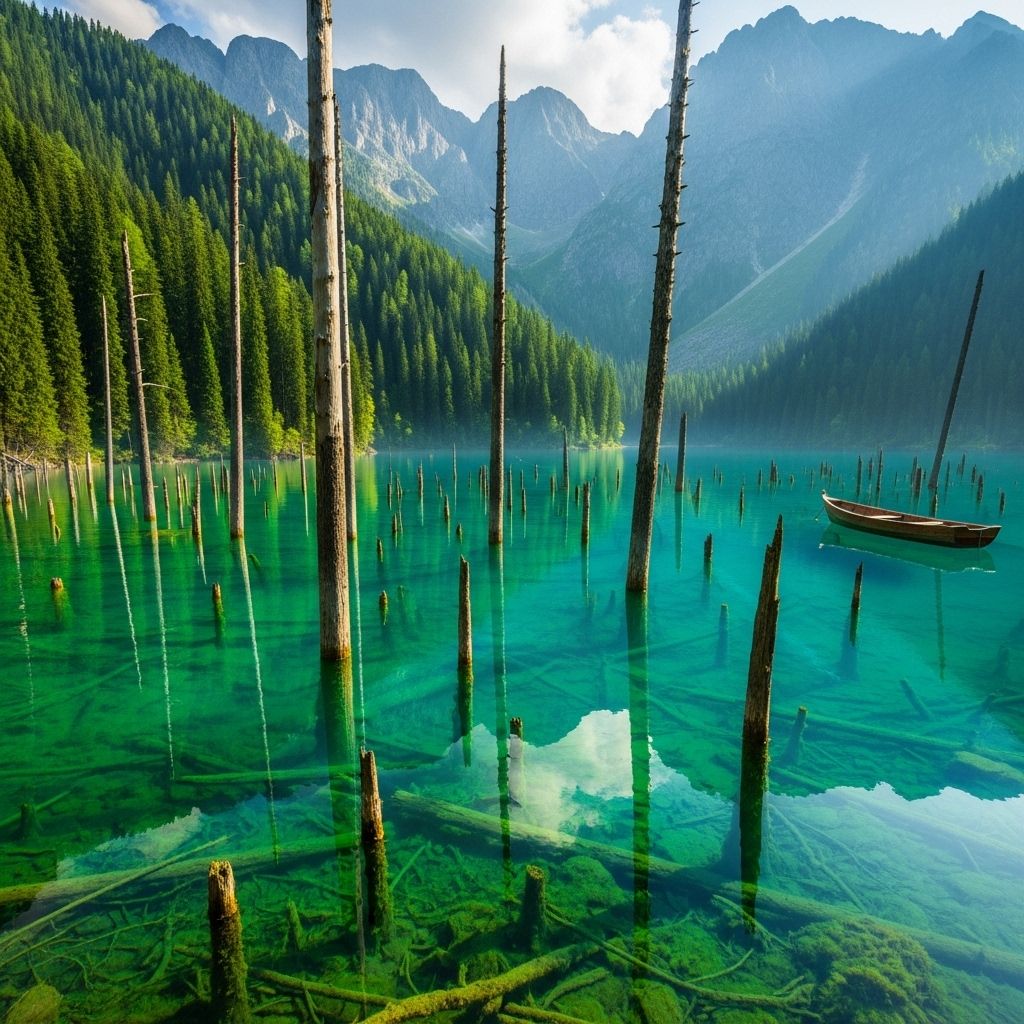 A Journey Through the Ghostly Sunken Forest of Kaindy Lake Explore Kaindy Lake’s haunting underwater forest, a unique natural wonder born from seismic upheaval in Kazakhstan’s Tien Shan Mountains.
