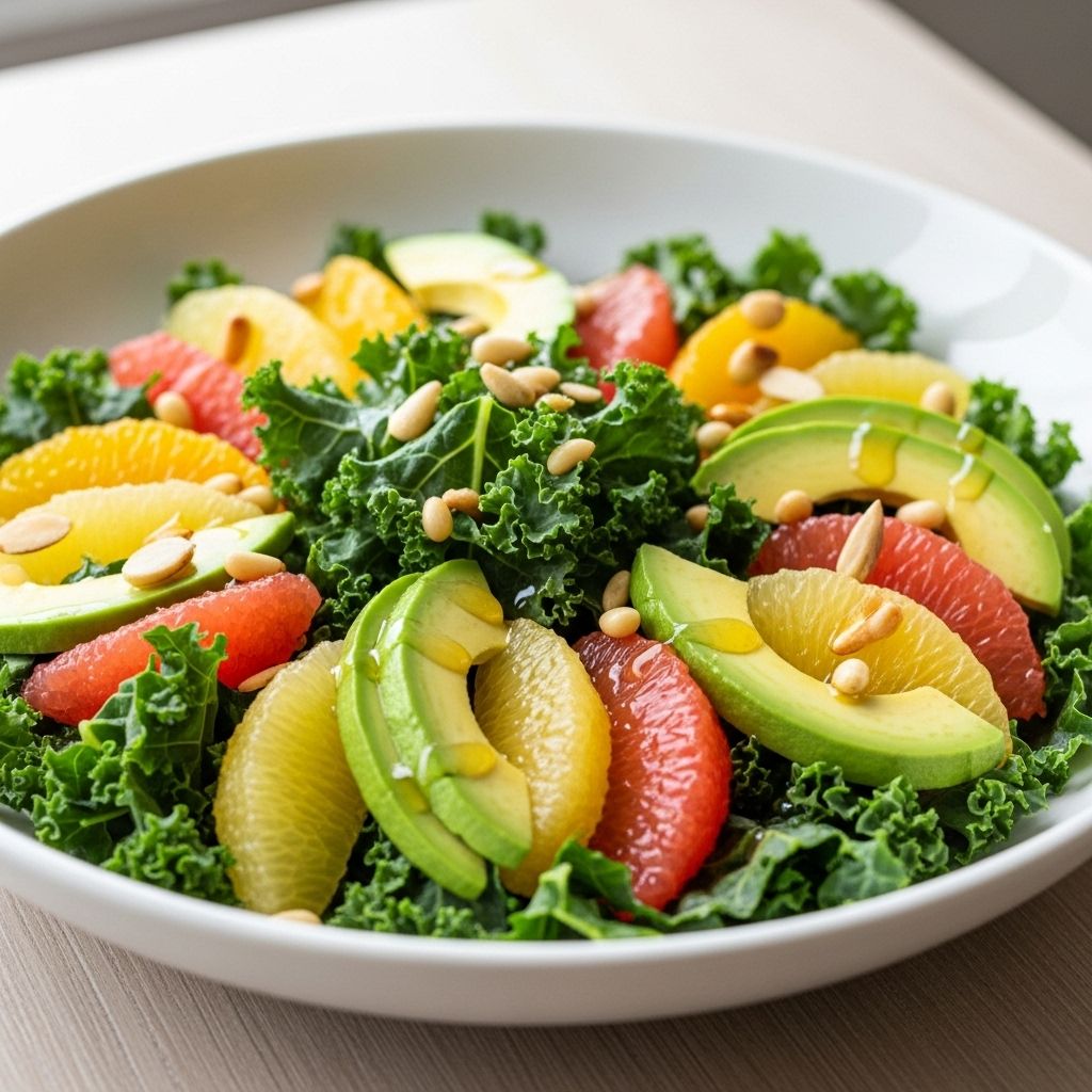 Discover a vibrant salad featuring kale, avocado, and fresh citrus, perfect for nutrition and flavor in every bite.