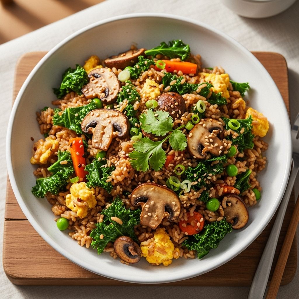 Reimagine your fried rice with this vibrant, veggie-rich recipe featuring kale, mushrooms, and whole-grain rice for balanced flavor and nutrition.