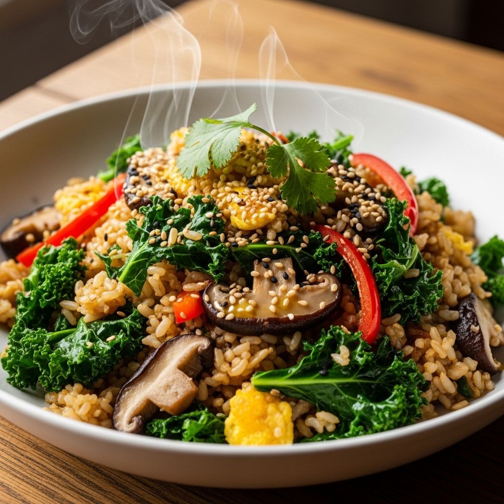 Discover a vibrant fried rice recipe featuring kale, mushrooms, and wholesome ingredients for a delicious, nutritious meal that's easy to make.