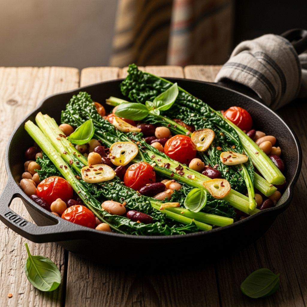 Turn humble kale stems into a nourishing, fiber-packed meal with protein-rich beans and greens—all in just one skillet.