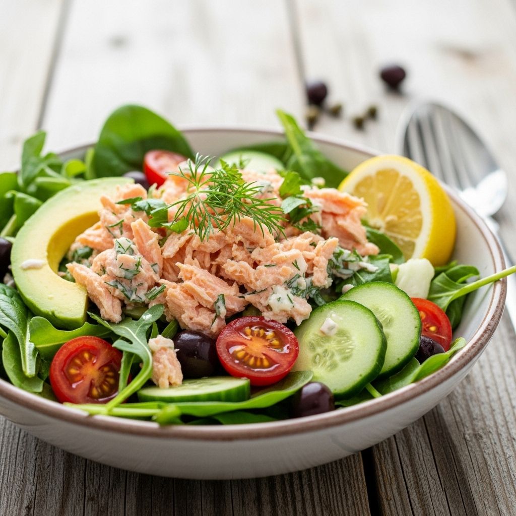 Creamy avocado and omega-3 rich fish blend with fresh greens for a low-carb meal.