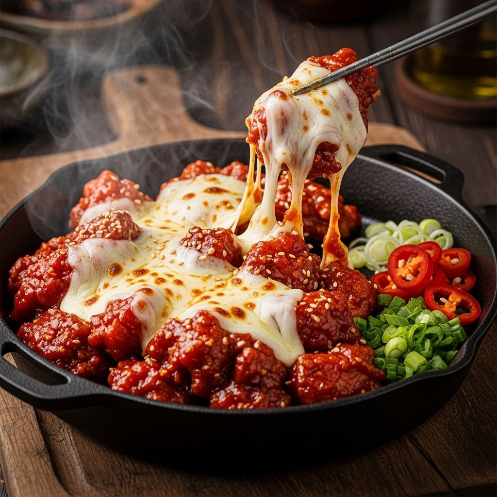 Korean Fire Chicken (Buldak) With Cheese: A Bold, Spicy Classic Experience a thrilling blend of heat and creaminess in every spice-kissed bite.