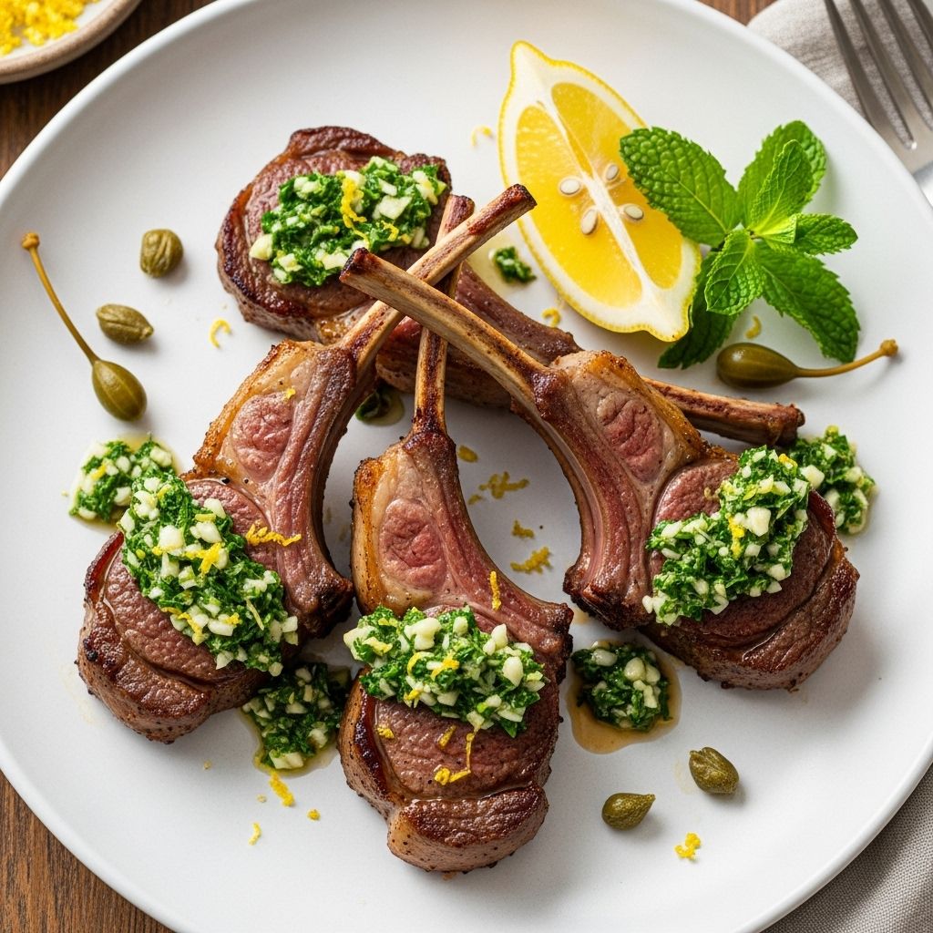 Lamb Chops with Mint Gremolata: A Classic Mediterranean Feast A vibrant herb and citrus blend elevates dinner with ease and elegance.