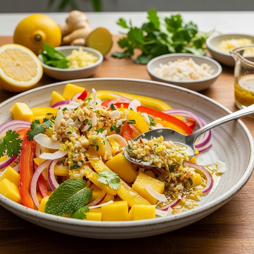 A zesty mango salad layered with fresh lemon, ginger, and coconut gremolata—flavor-packed, refreshing, and nourishing for any occasion.