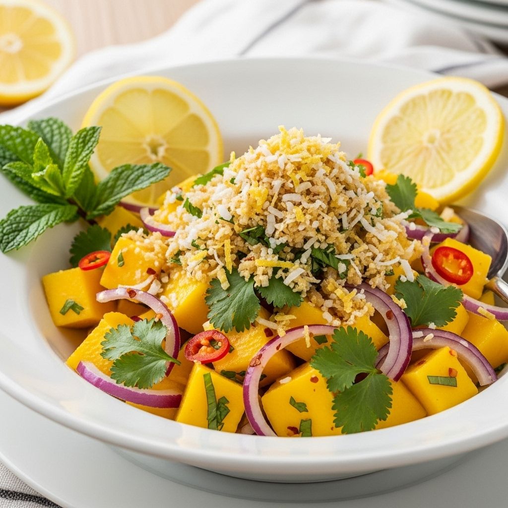 A refreshing mango salad brought to life with lemon, ginger, and coconut gremolata, combining bright flavors, health benefits, and culinary creativity.