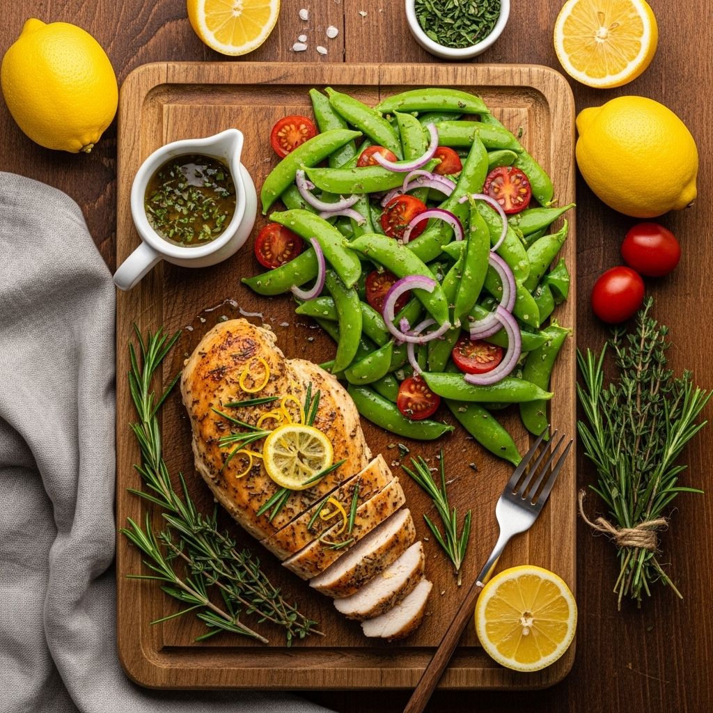 Juicy thighs in citrus sauce meet crunchy greens for a vibrant flavor-packed plate.