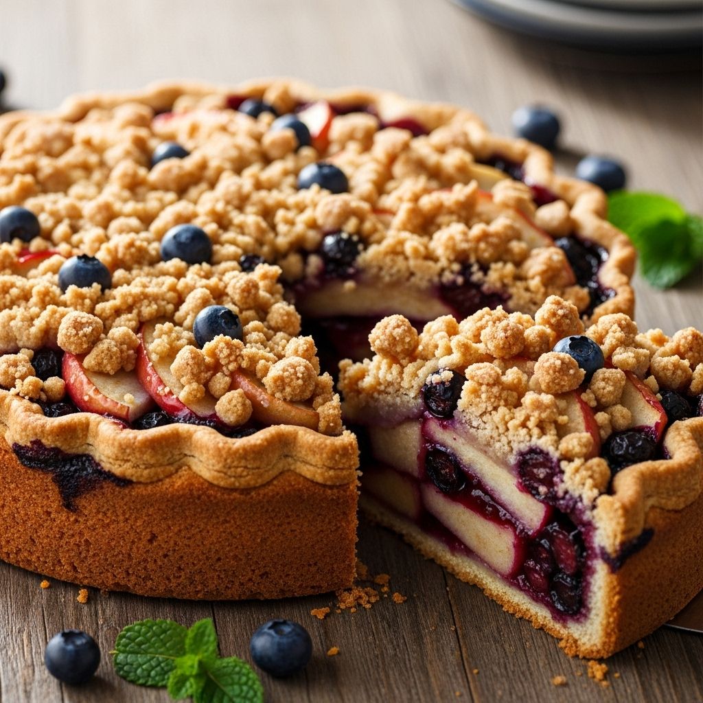 Rich shortbread, bubbling fruit, and golden crumble blend into a cozy dessert delight.