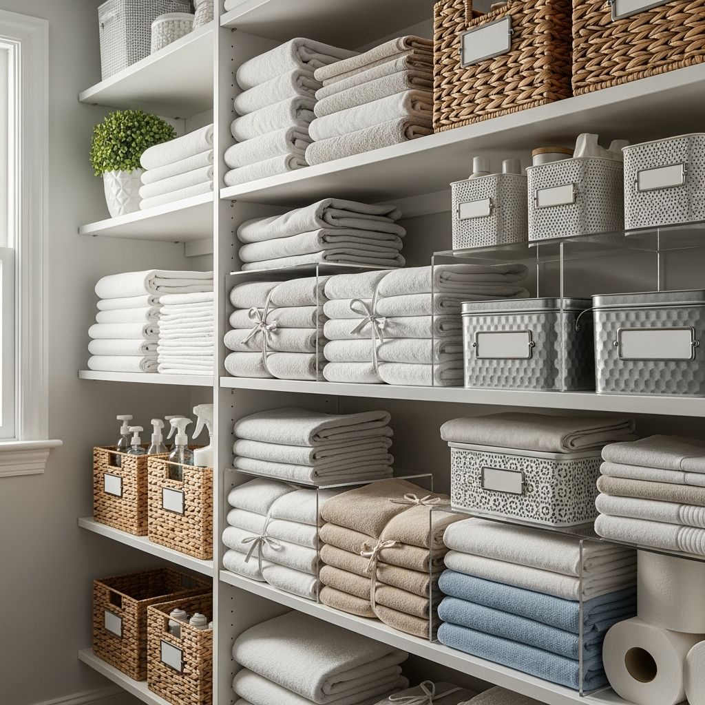 Labeling and shelf hacks keep towels, sheets, and essentials neat and within reach.