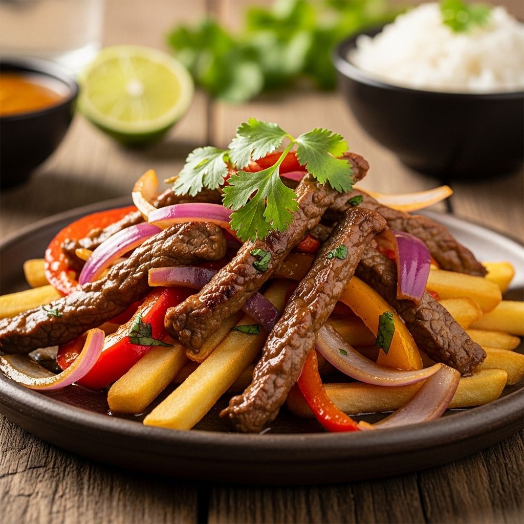 A bold fusion of beef, veggies, and fries delivers vibrant chifa flavors in every bite.