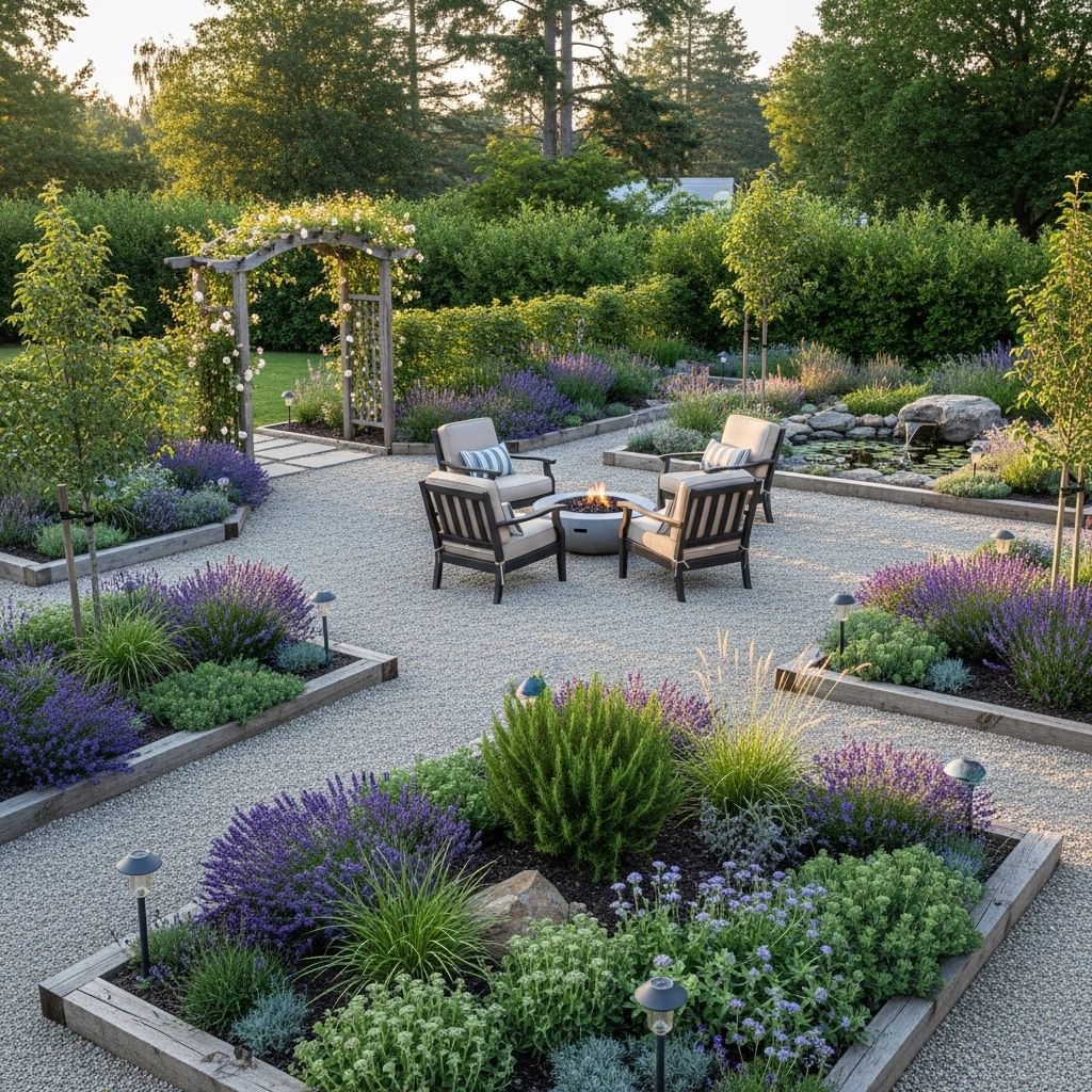 Natural stones create a stylish, easy-care backdrop for a serene outdoor escape.