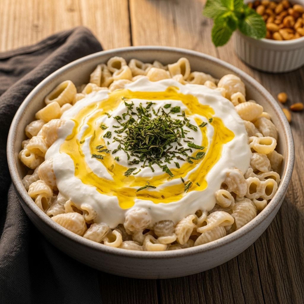 Gentle heating with garlic and mint prevents curdling for a tangy, velvety texture.
