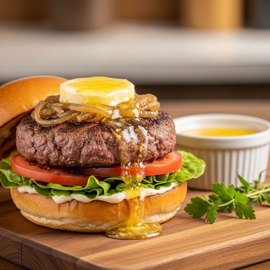 Maitre d’Hôtel Butter Burgers with Garlic Confit and Seared Romaine Herb-infused richness meets smoky char for an elevated bite.