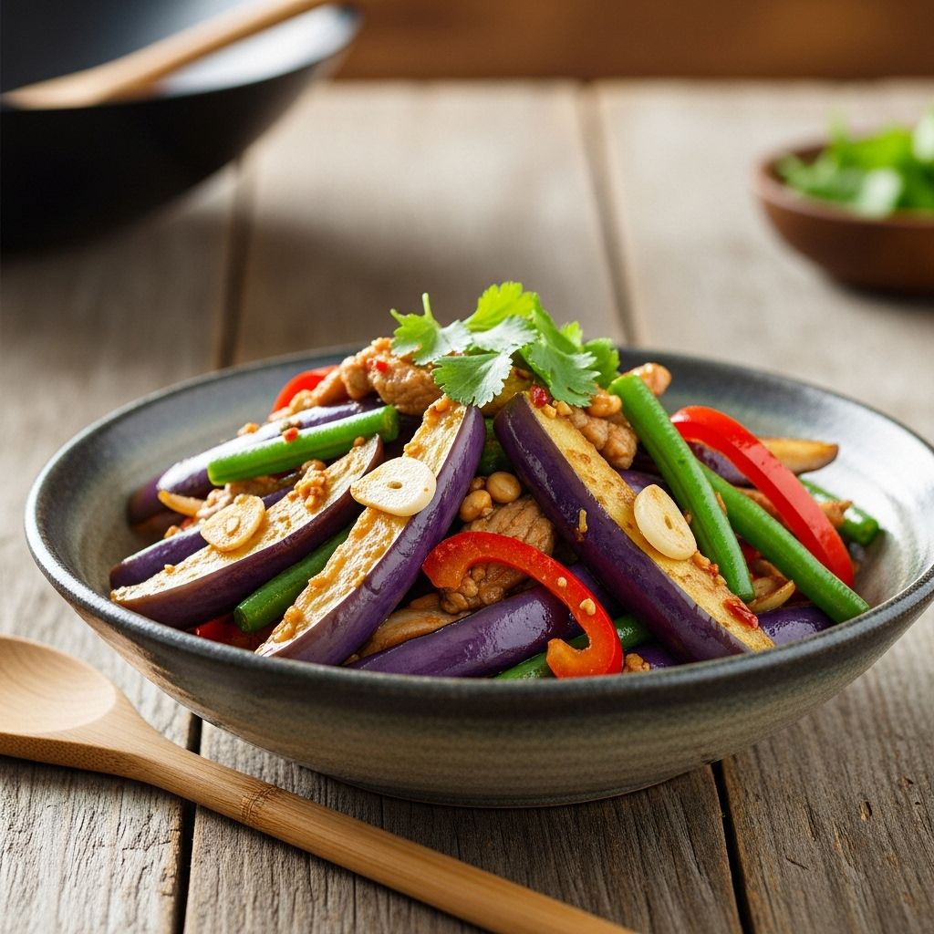 Smoky, caramelized aubergine meets savory pork and fresh basil for a home-cooked meal.