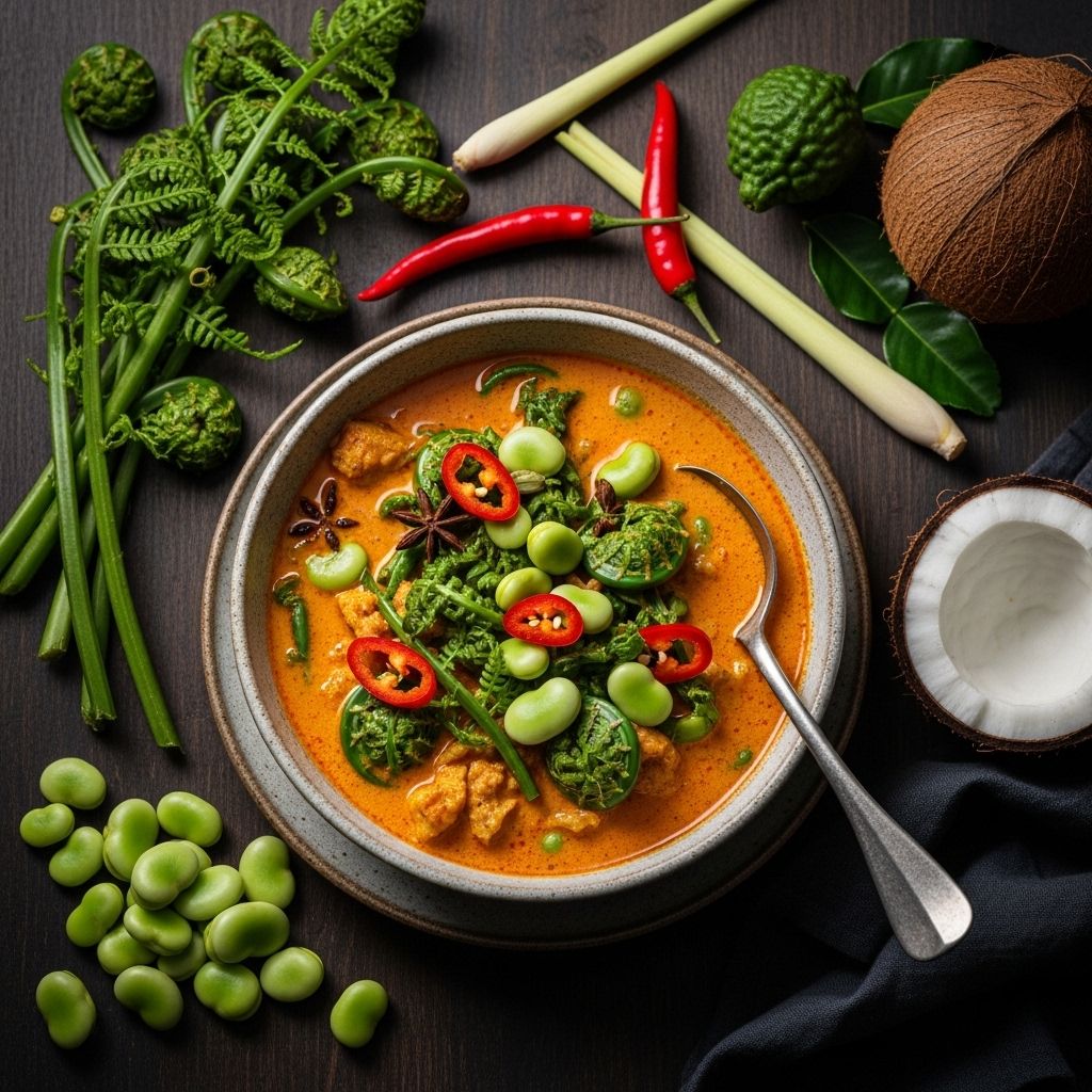Foraged fronds meet legumes in a creamy, spice-infused dish celebrating local harvests.