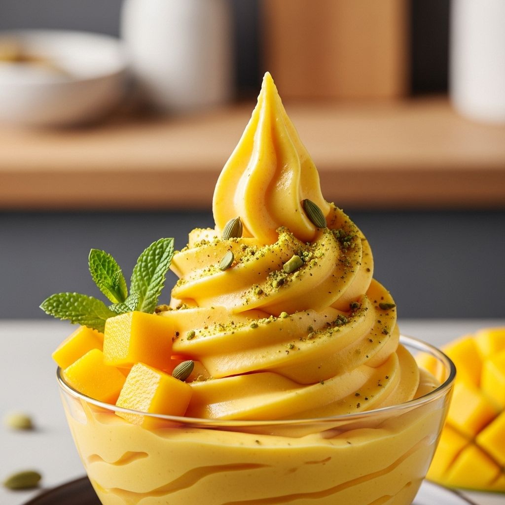 A summer dessert blending rich tropical fruit puree with tangy dairy for indulgence.