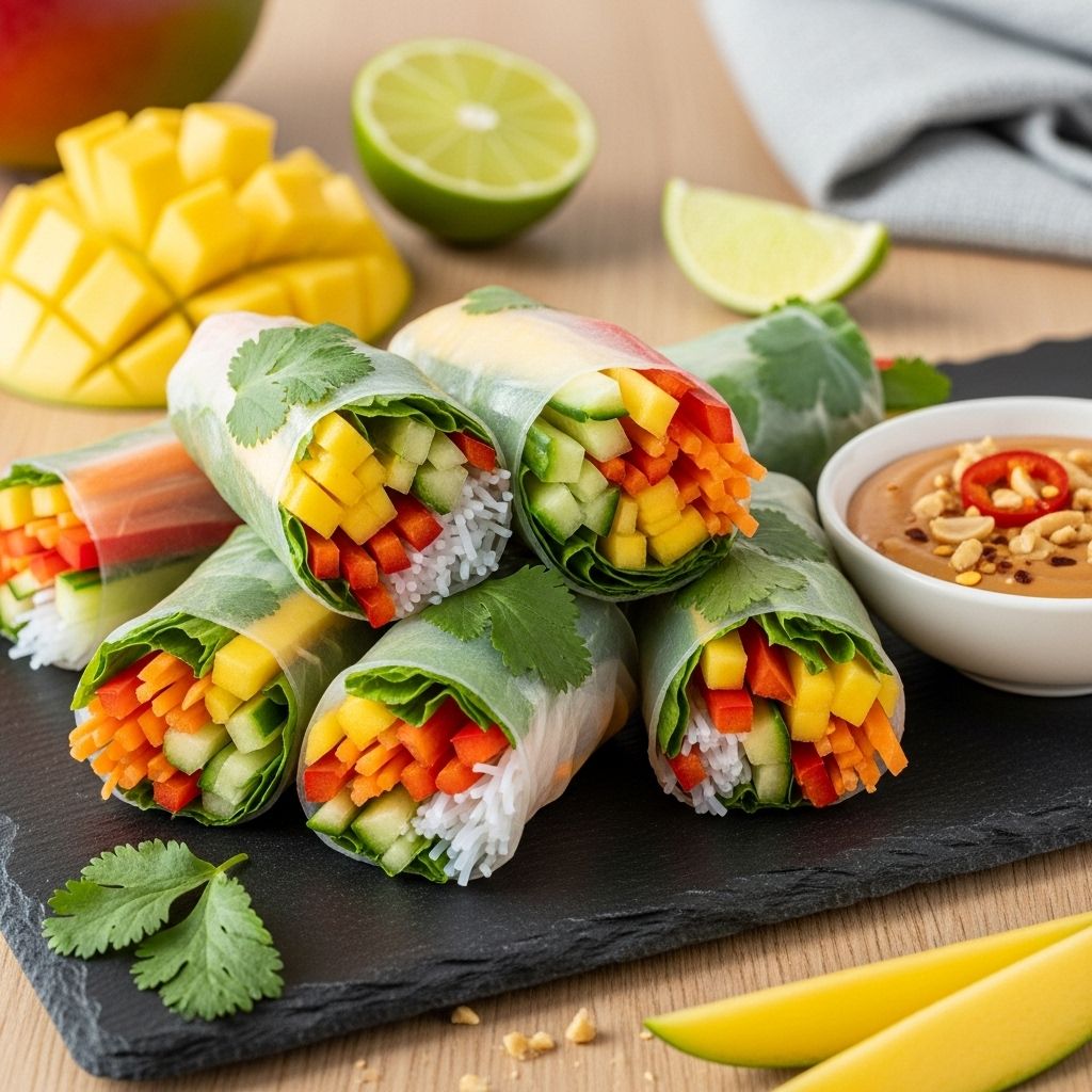 These easy mango-veggie rolls with chile-lime dipping sauce are vibrant, nutritious, and perfect for summer snacking or entertaining.