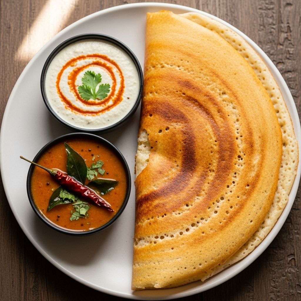 Masala Dosa: The Classic Potato-Filled South Indian Crepe Fermented batter paired with spiced potato creates a flavorful, crisp dish you'll love.