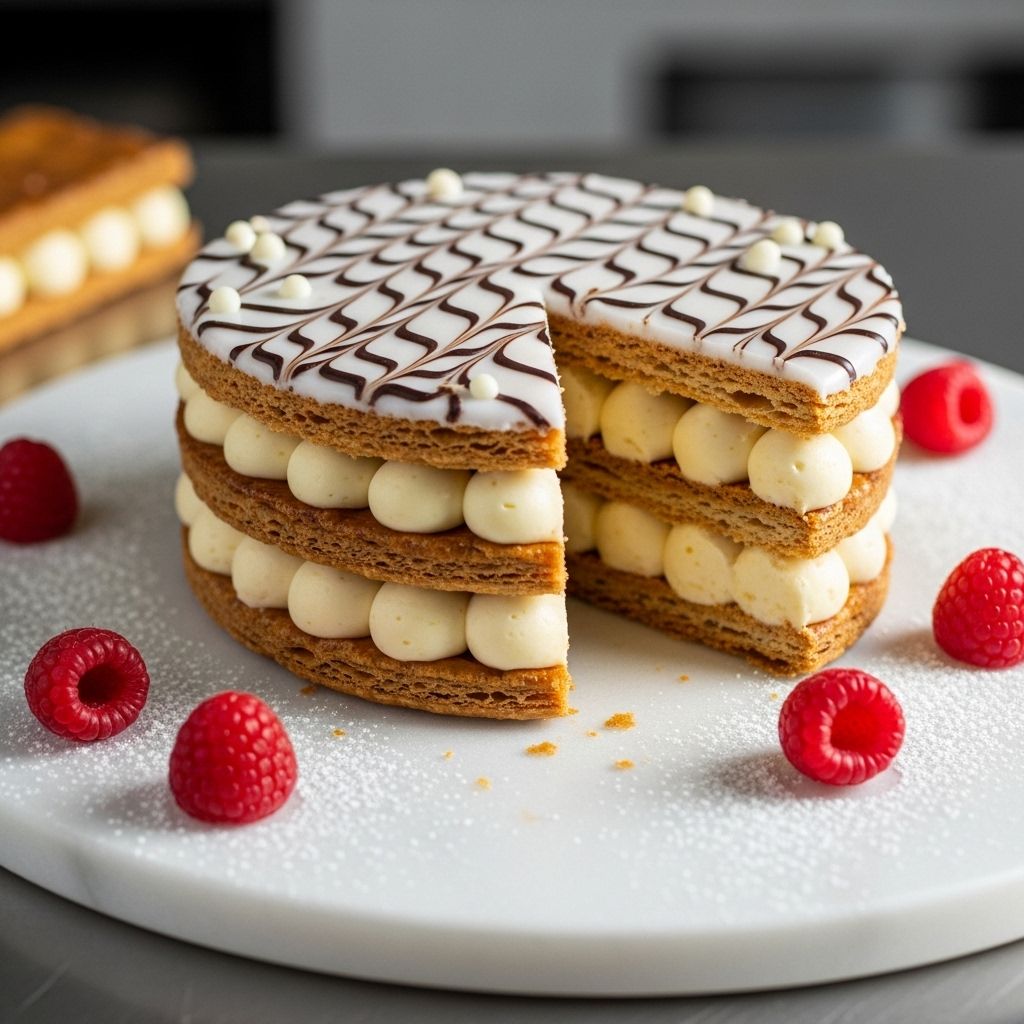 Precise rolling, chilling, and glazing yield crisp pastry and silky cream in slices.
