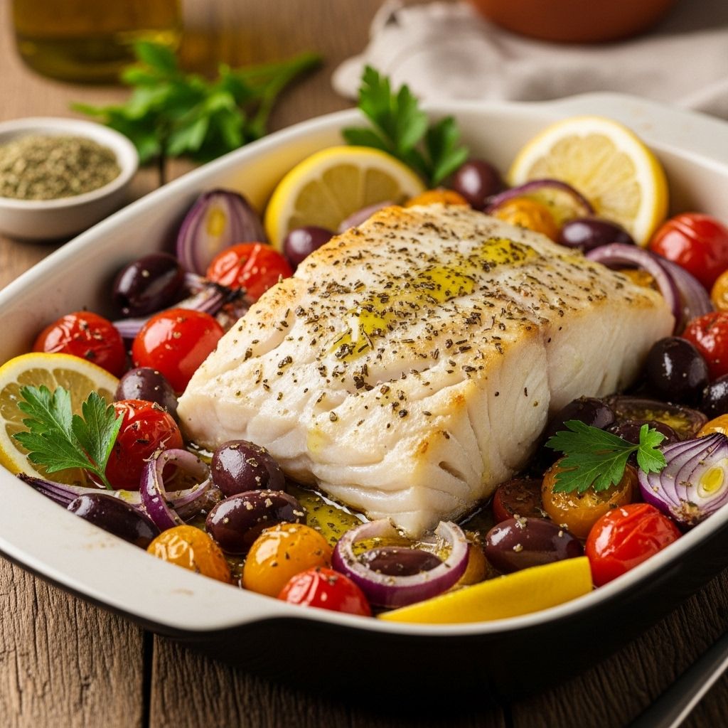 Experience the bright, fresh flavors of the Mediterranean with this easy, healthy baked cod recipe cooked in one pan.