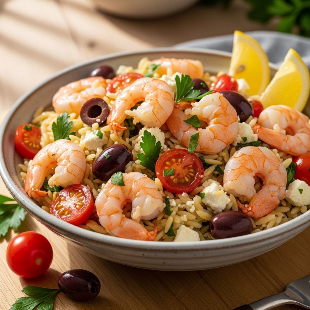 A vibrant bowl of juicy shrimp, tangy feta, and fresh herbs that transforms dinner.