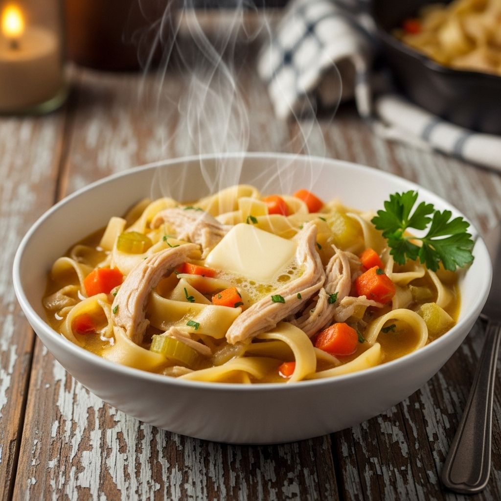 A soul-soothing recipe transforming humble chicken and noodles into a satisfying feast.