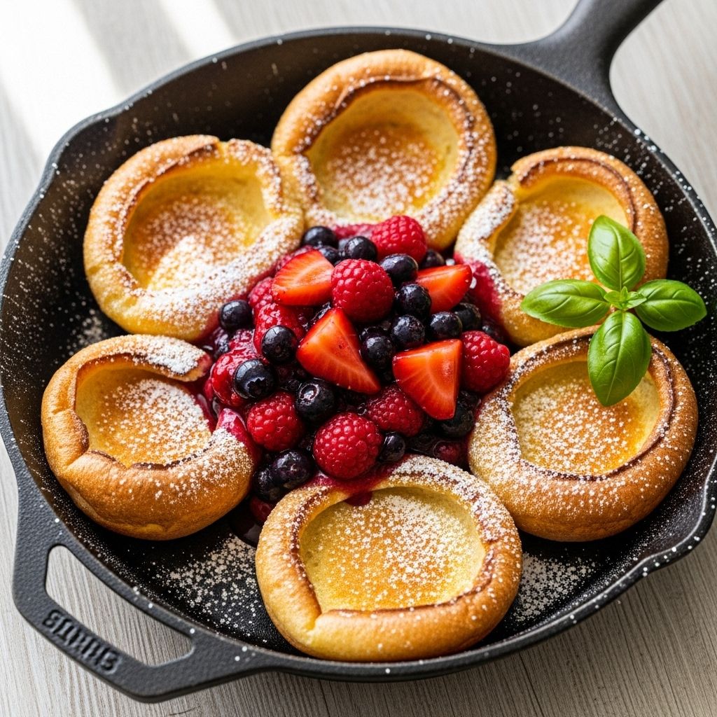 Golden cups puff up crisp around a tender center, topped with seasonal fruit.