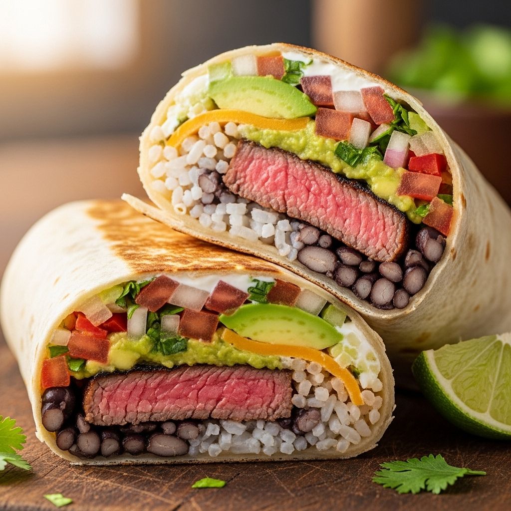 Layers of marinated steak, savory beans, and fresh salsa create a mouthwatering handheld feast.