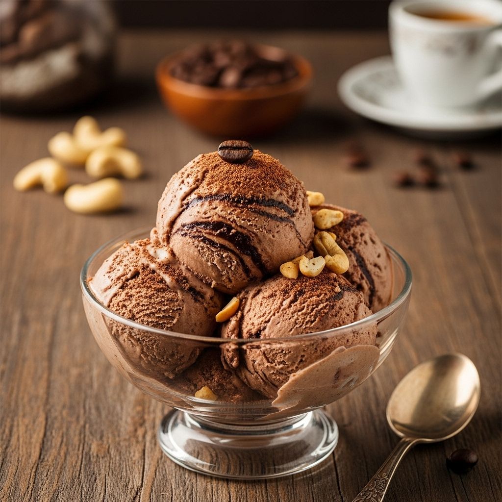 A plant-based coffee-chocolate fusion yields a silky, nutty frozen delight.