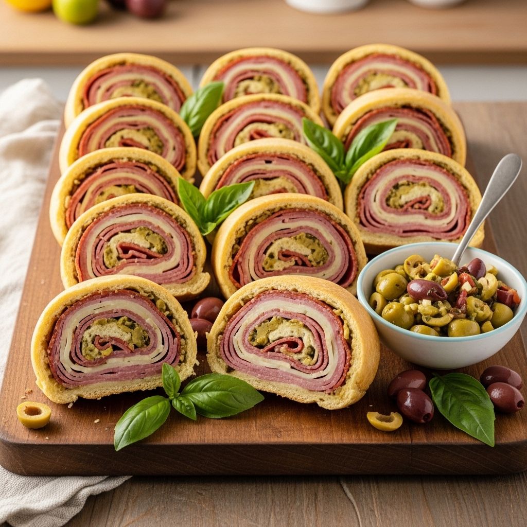 Layered deli meats and tangy olives swirl into snackable bites perfect for any celebration.