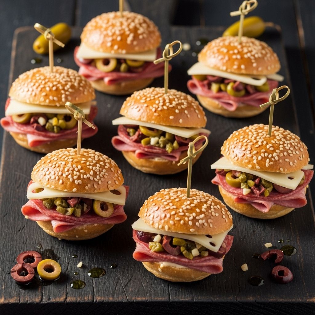 Cured meats, creamy cheese, and zesty olive salad unite in memorable bite-sized flavor.
