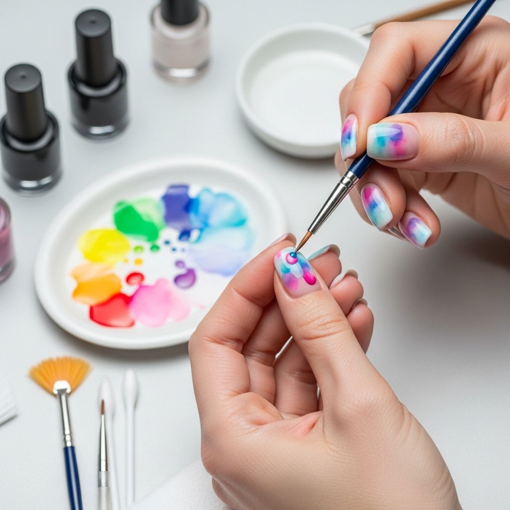 Discover how to create a vibrant, multi-tonal watercolor manicure at home with this detailed step-by-step guide.